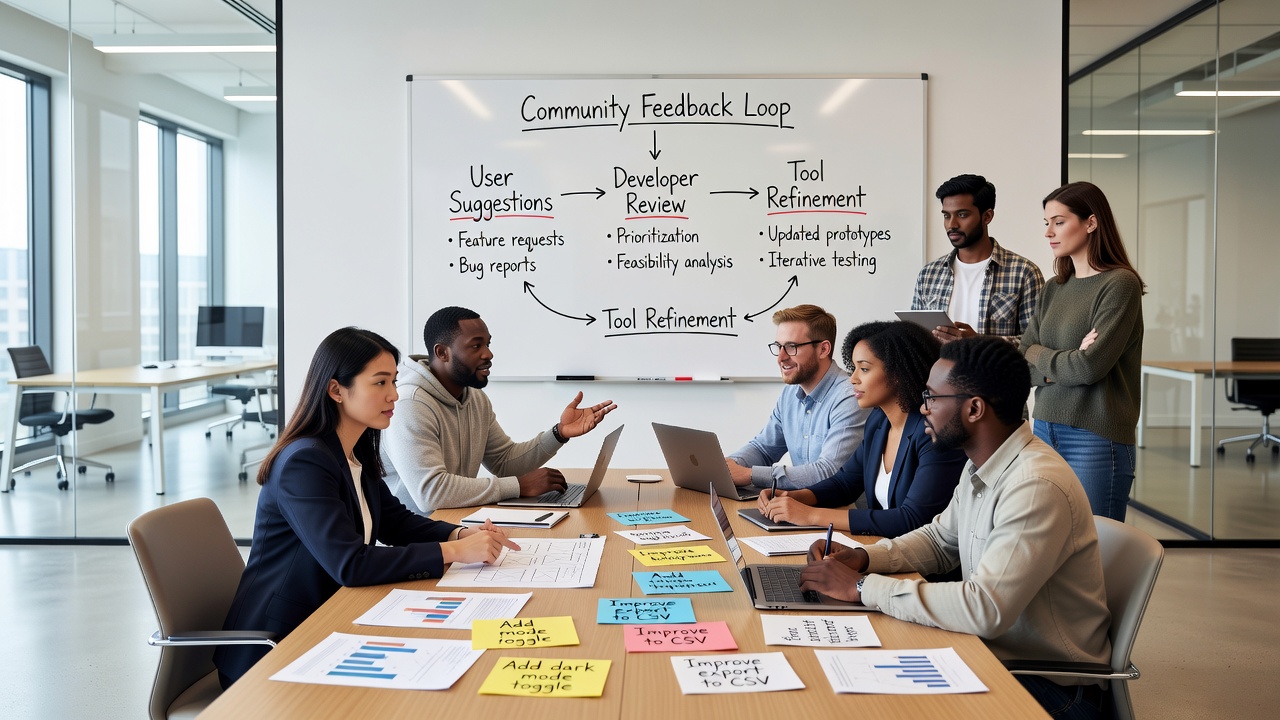 Developers reviewing aggregated community suggestions on multiple screens during a collaborative refinement session